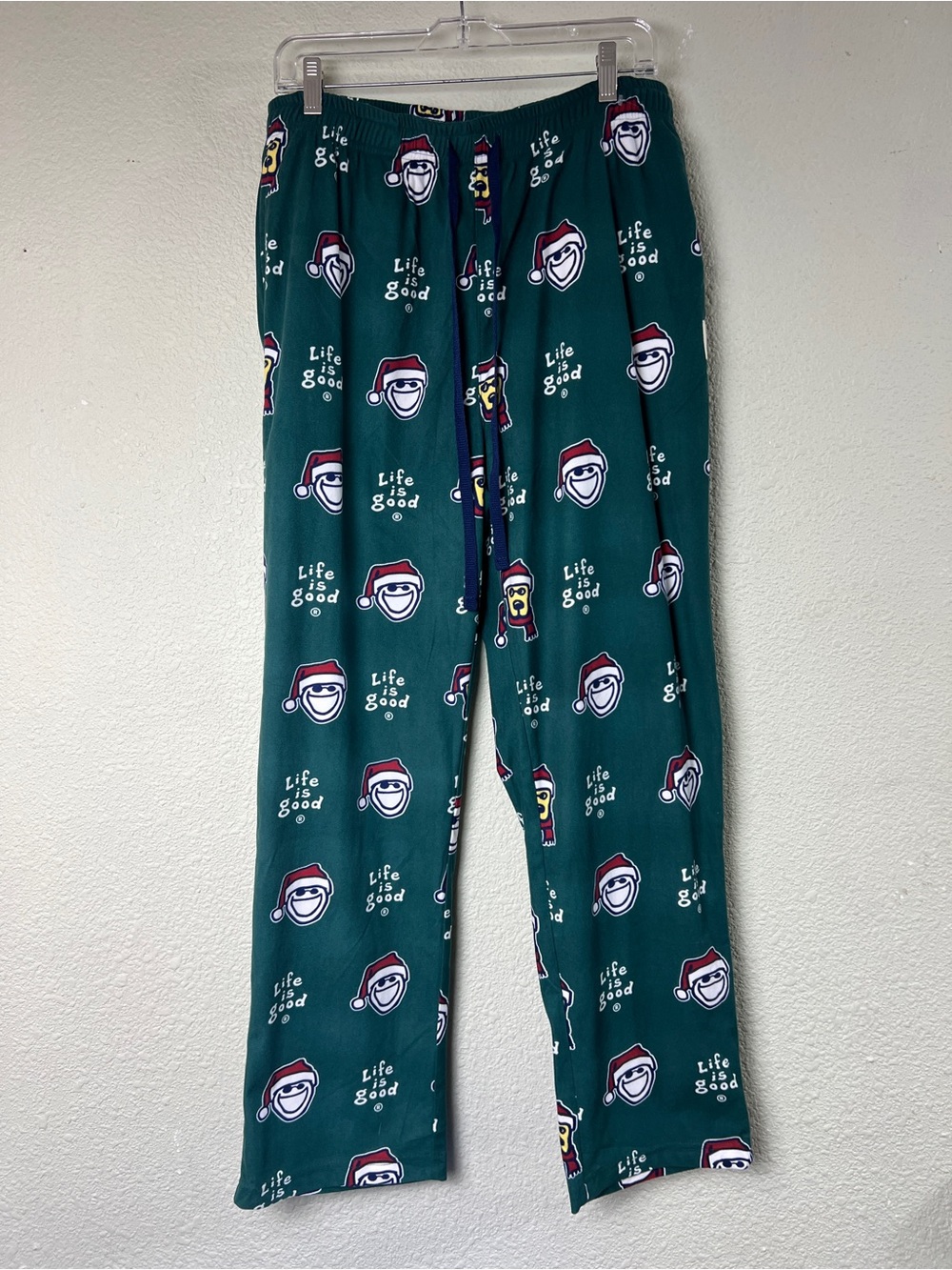Life Is Good Sleep Pants Mens L Green Christmas Santa Hat Dog Lounge Pajamas